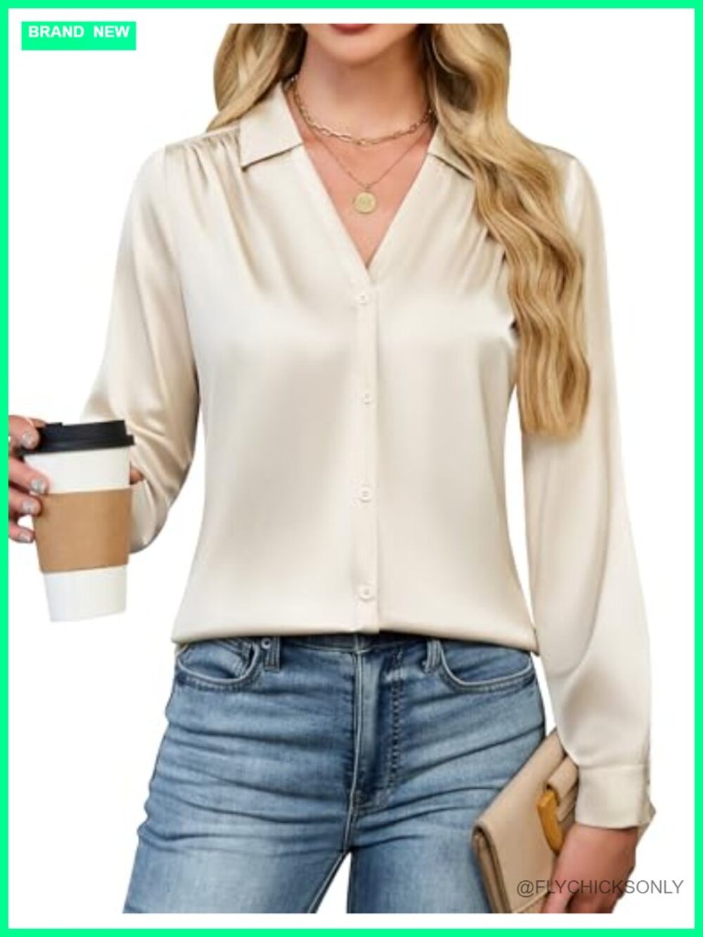 Satin Button Down Shirt Long Sleeve V Neck Pleated Blouse Business Casual